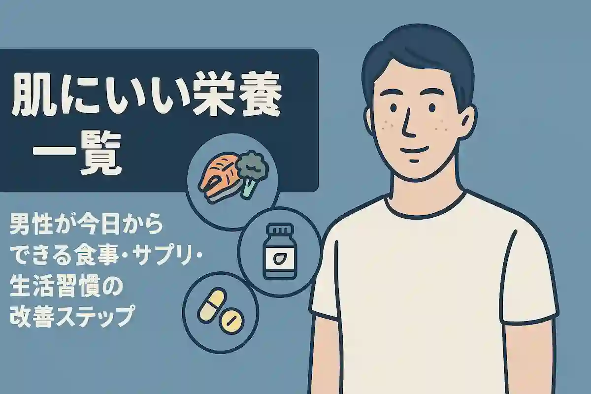 「肌にいい栄養素一覧｜男性が今日からできる食事・サプリ・生活習慣の改善ステップ」のアイキャッチ画像